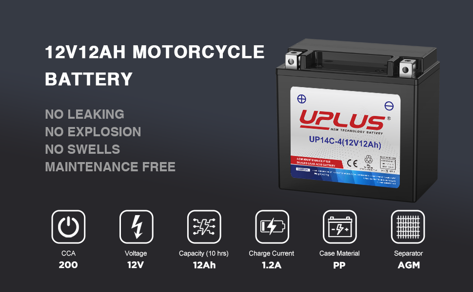 UPLUS YTX14-BS 12V 12Ah AGM Battery - Maintenance Free Powersports Battery for Motorcycles, ATVs, Scooters, Snowmobiles, and UTVs