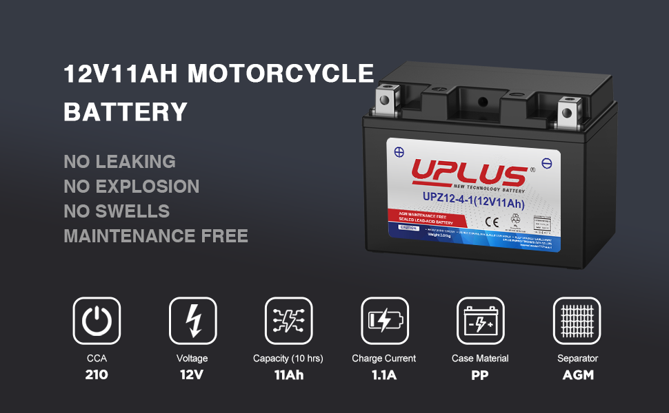UPLUS YTZ12S Motorcycle/Powersport Battery, 12V, 11Ah, CCA 165A, Maintenance Free - Sealed Agm Powersports Batteries for Motorcycle, ATV's, Personal Watercraft and Snowmobiles