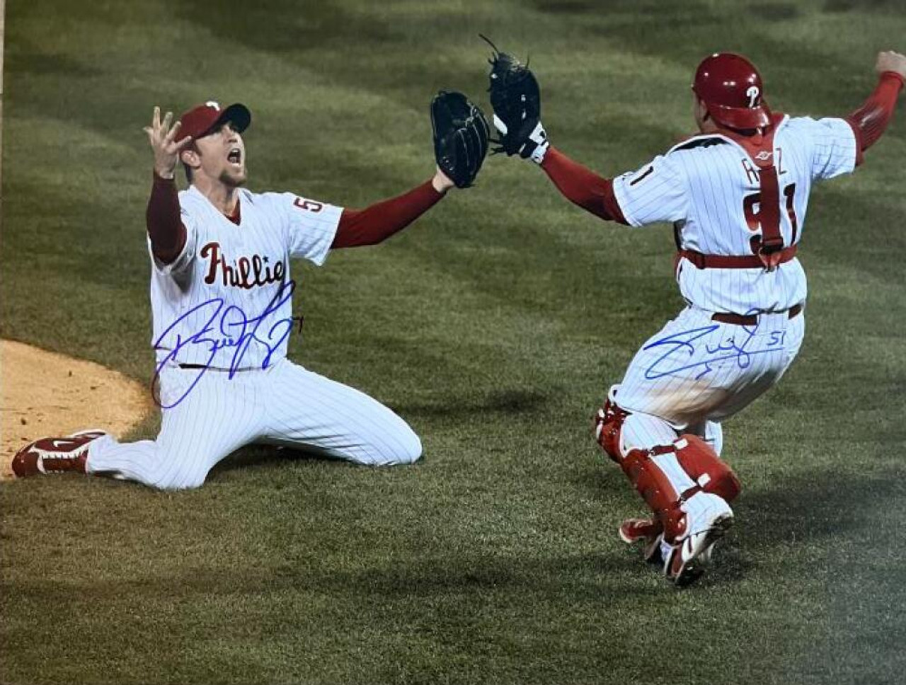 Brad Lidge and Carlos Ruiz Autographed 2008 World Series 16 x 20 Photo -  Under the Radar Sports