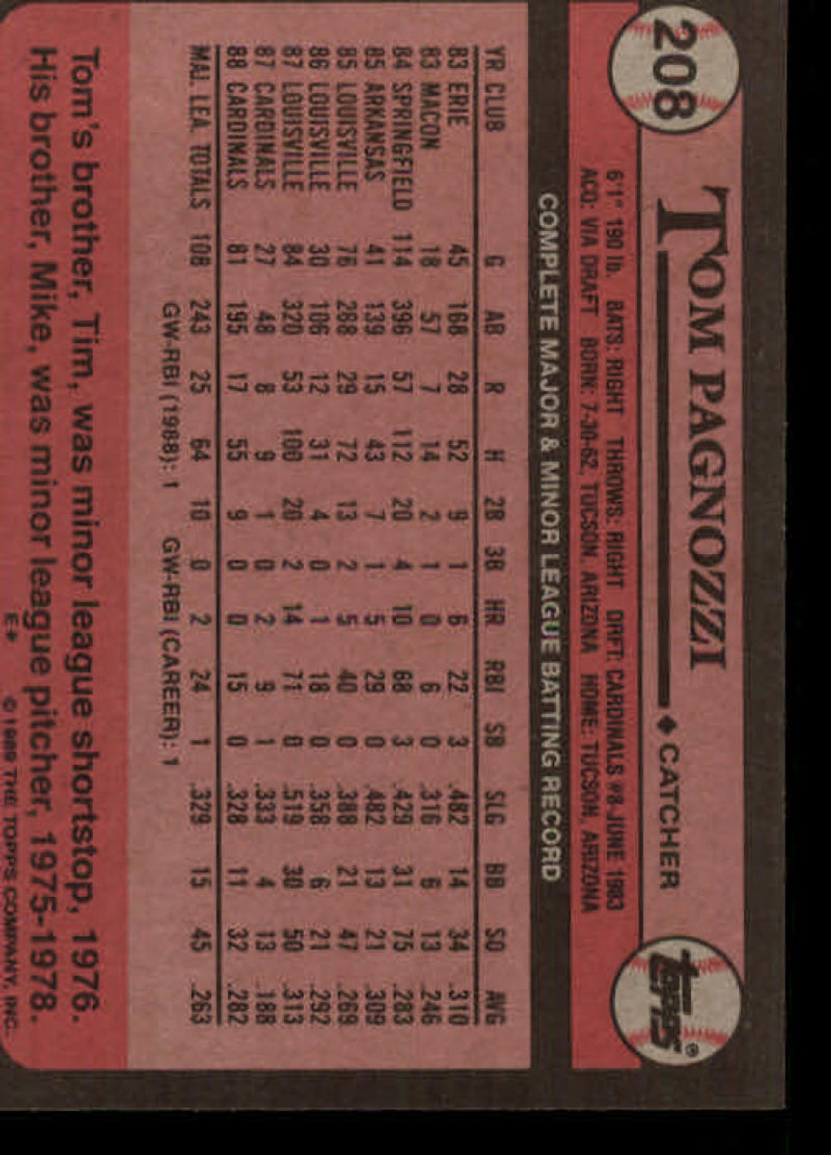 1989 Donruss Tom Pagnozzi #399 St. Louis Cardinals Baseball Card