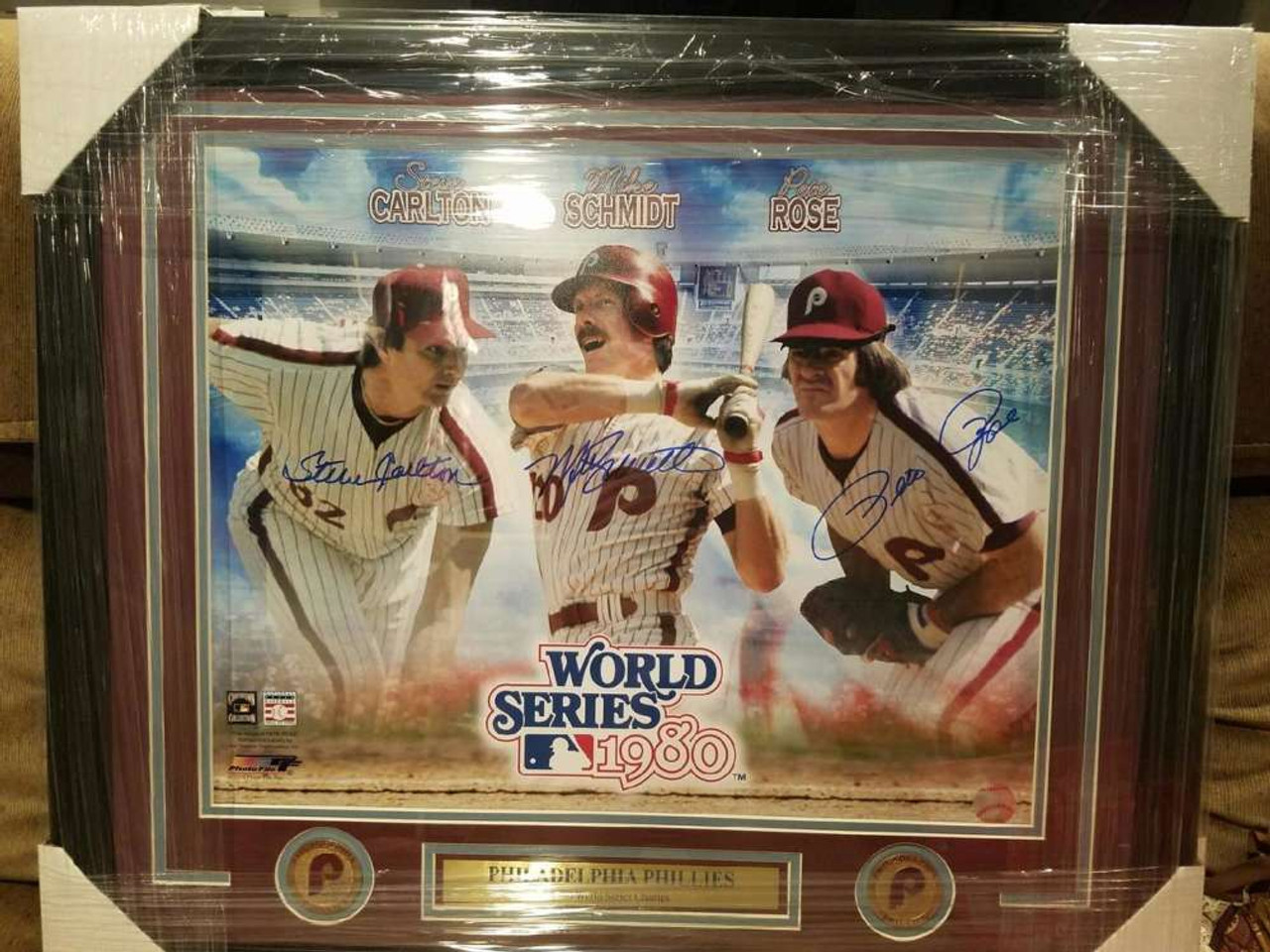 Steve Carlton, Mike Schmidt and Pete Rose Autographed Framed 16 x