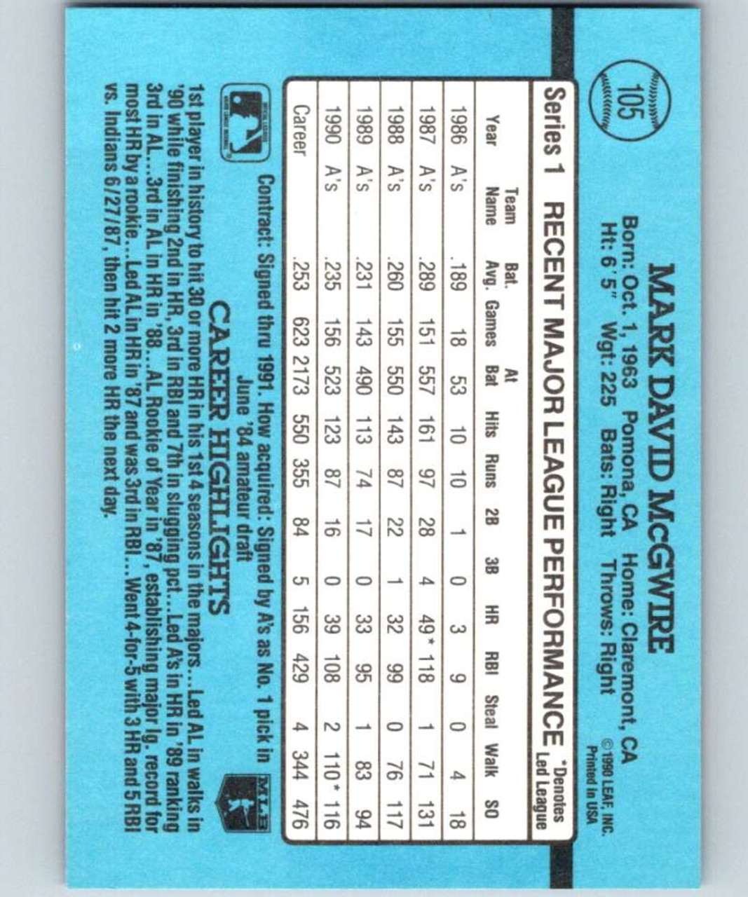 1991 Donruss Mark McGwire Baseball Card #105 Oakland Athletics, MLB Sports  Card