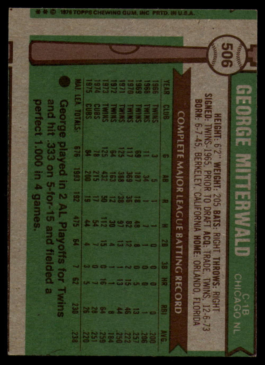 1976 Topps #506 George Mitterwald VG Chicago Cubs - Under the Radar Sports