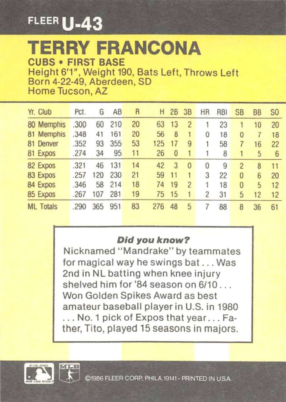 1986 Fleer Update #U-43 Terry Francona VG Chicago Cubs - Under the Radar  Sports