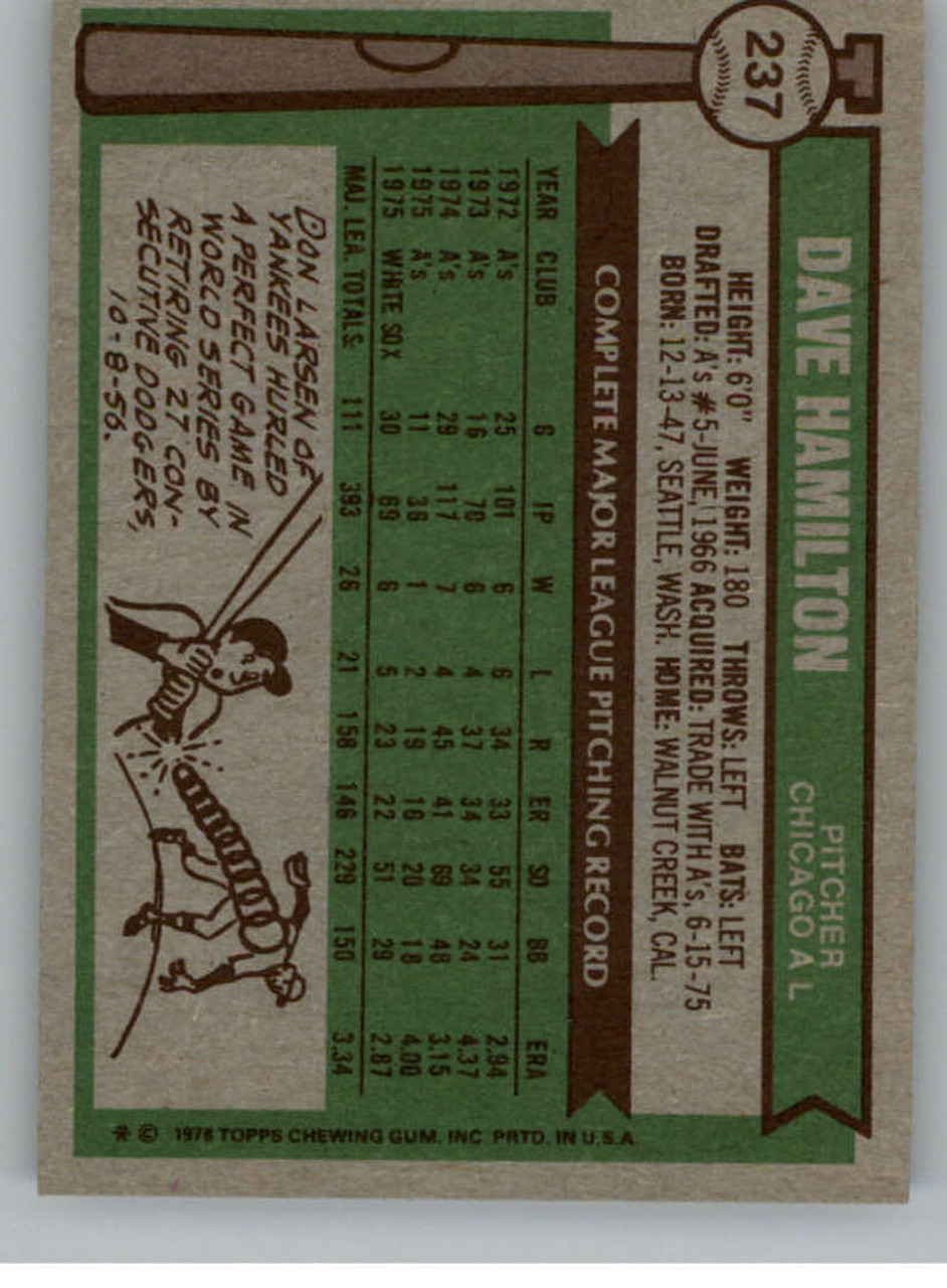 1976 Topps #237 Dave Hamilton VG Chicago White Sox - Under the Radar Sports