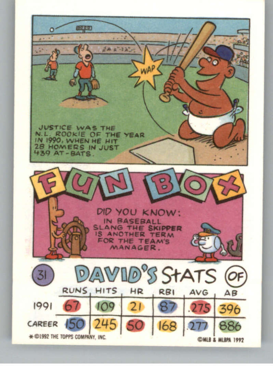 1992 Topps Kids #31 David Justice NM-MT Atlanta Braves - Under the Radar  Sports