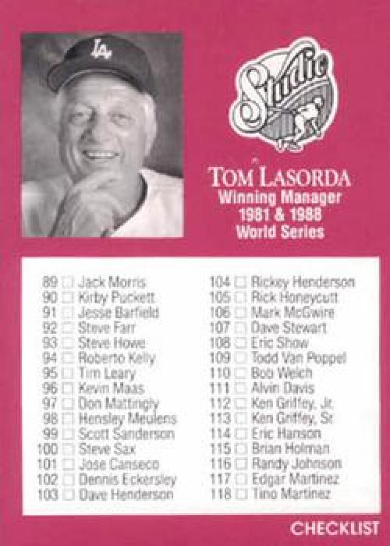 1991 Studio #262 Tommy Lasorda Checklist Card 89-176 NM-MT Los Angeles  Dodgers - Under the Radar Sports