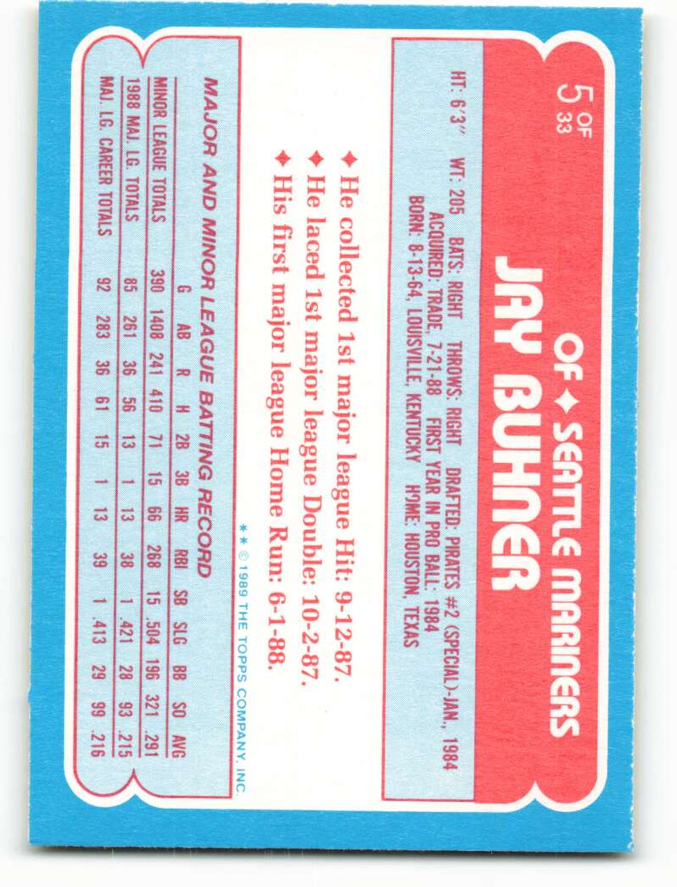 1989 Topps Toys R Us Rookies #5 Jay Buhner NM-MT Seattle Mariners