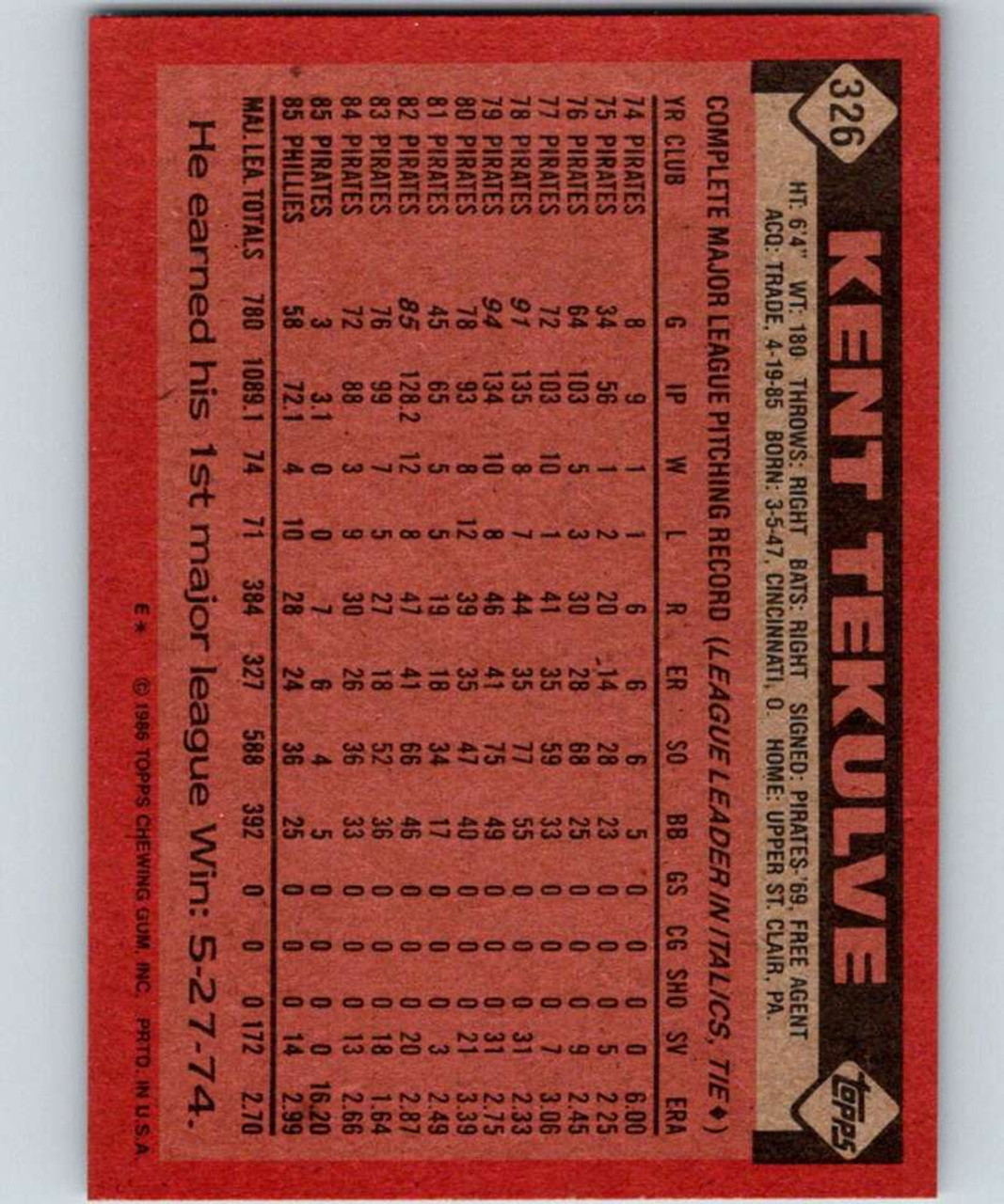 1986 Donruss #111 Kent Tekulve NM-MT Philadelphia Phillies