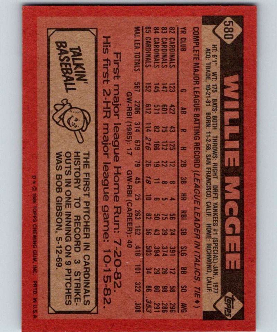 Willie McGee - Cardinals #42 Fleer 1986 Baseball Trading Card