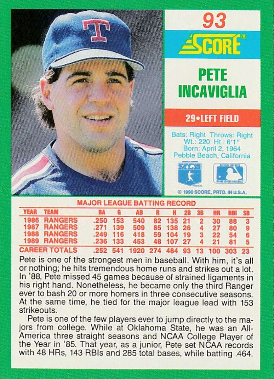 1990 Topps PETE INCAVIGLIA Baseball Card #430. TEXAS RANGERS.