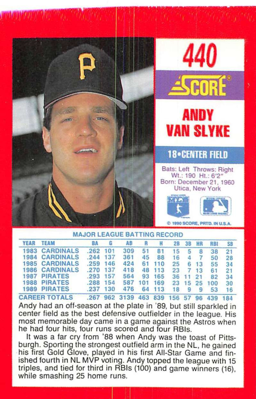 Andy Van Slyke autographed baseball card (Pittsburgh Pirates) 1990 Score  #440