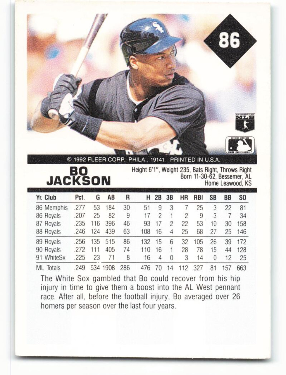 Bo Jackson Chicago White Sox 1993 Baseball Vintage Unsigned 