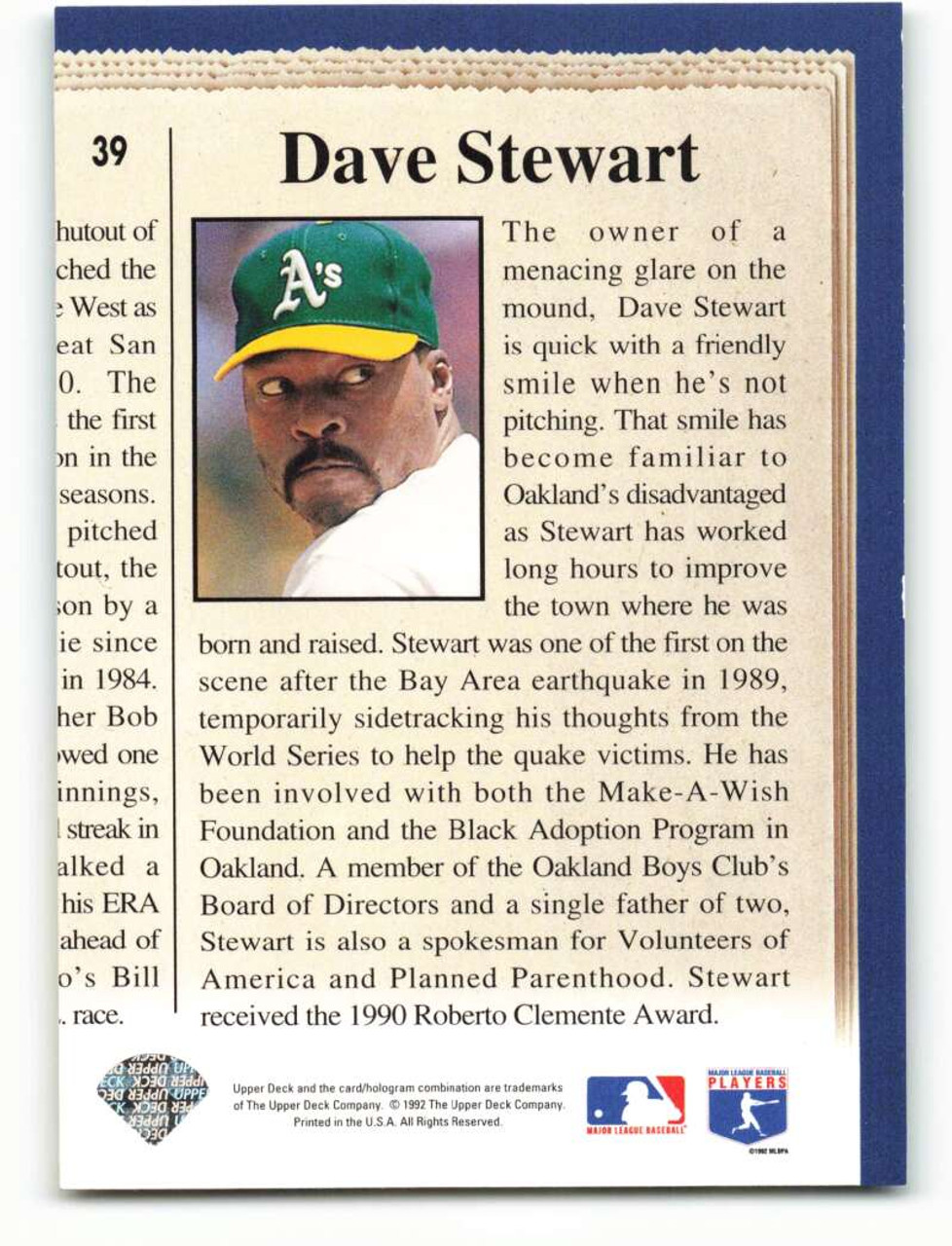 Dave Stewart 1990 Upper Deck #272 Oakland Athletics Baseball Card