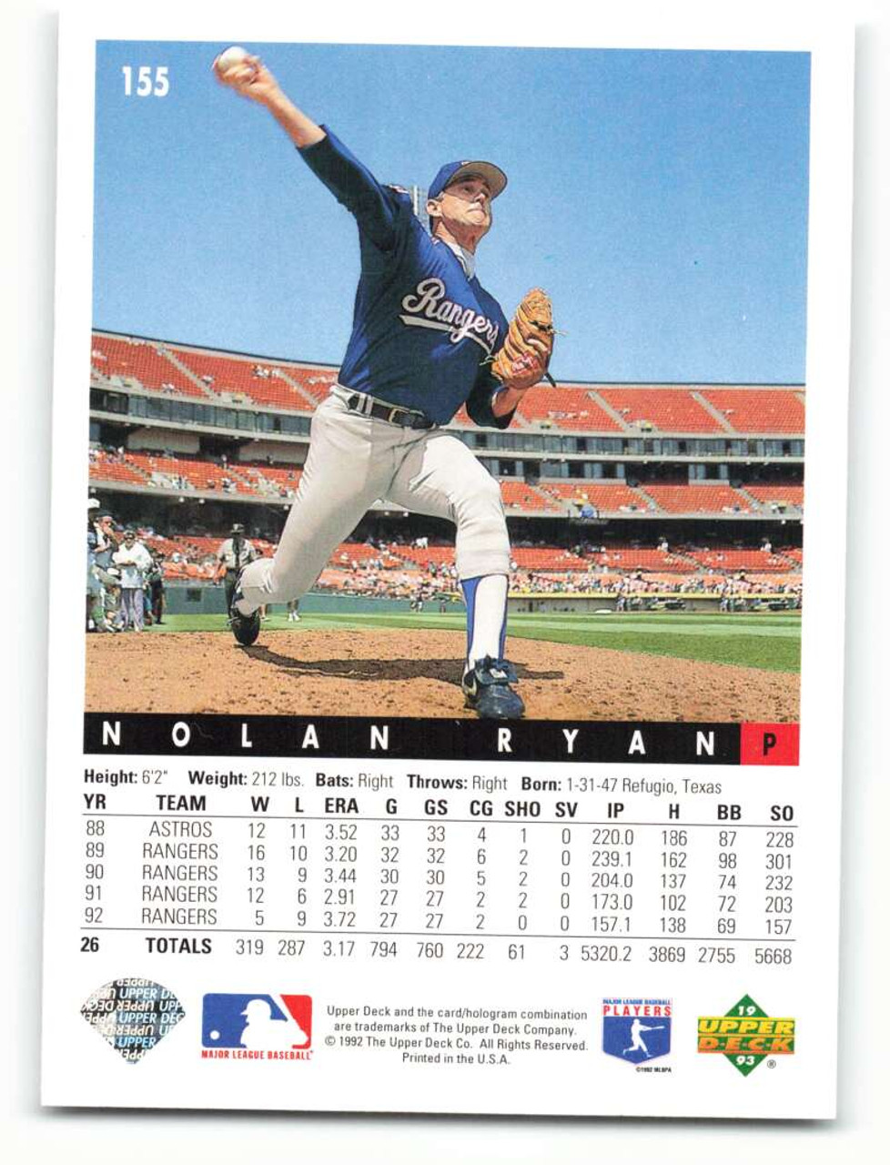 1993 Upper Deck #155 Nolan Ryan VG Texas Rangers - Under the Radar Sports