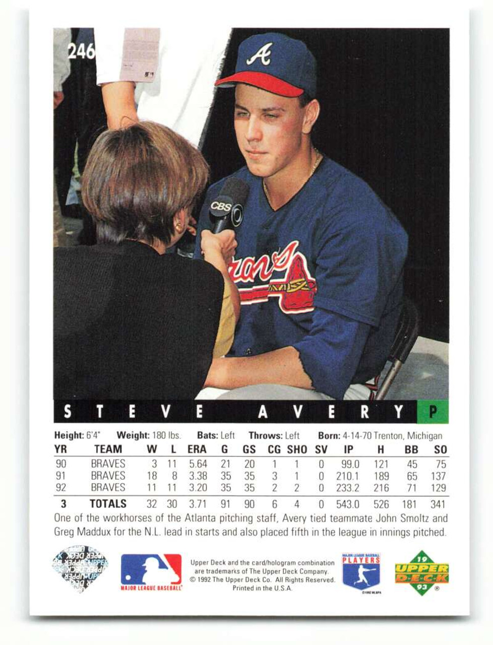 Steve Avery autographed baseball card (Atlanta Braves) 1992 Upper Deck #475