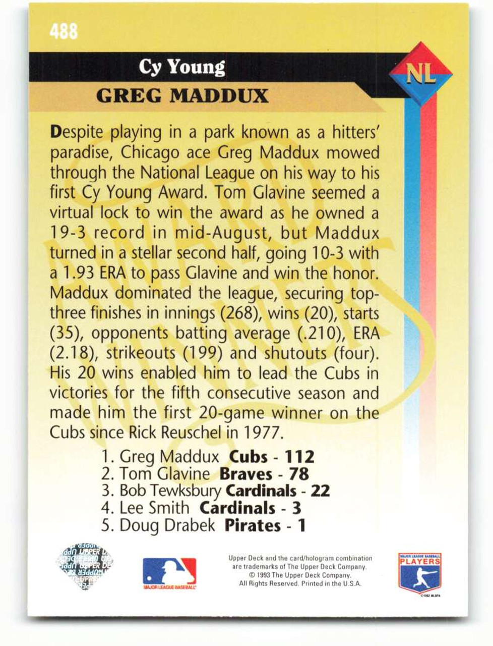 1993 Upper Deck Greg Maddux Chicago Cubs #488