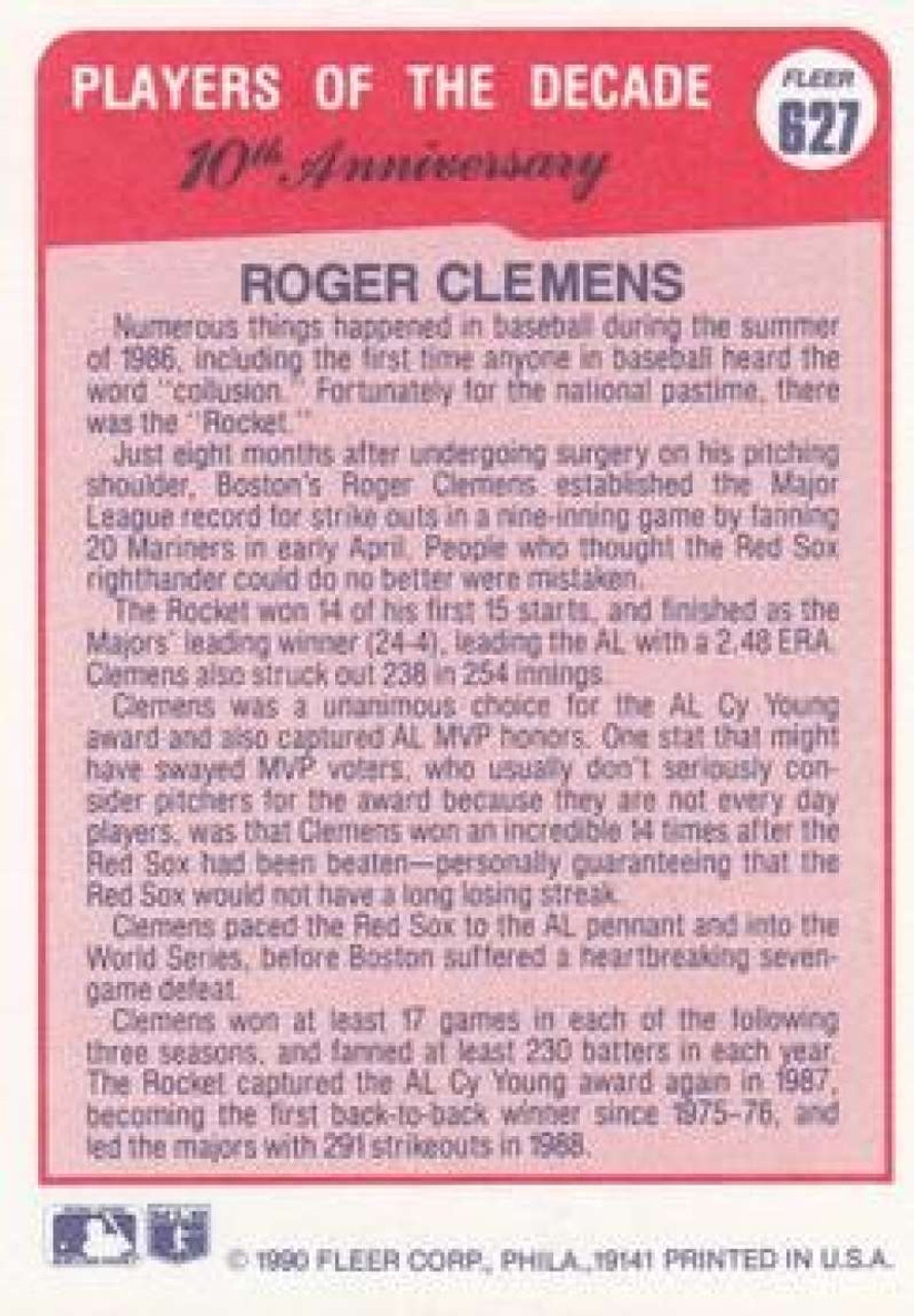 1990 Score #310 Roger Clemens UER VG Boston Red Sox - Under the