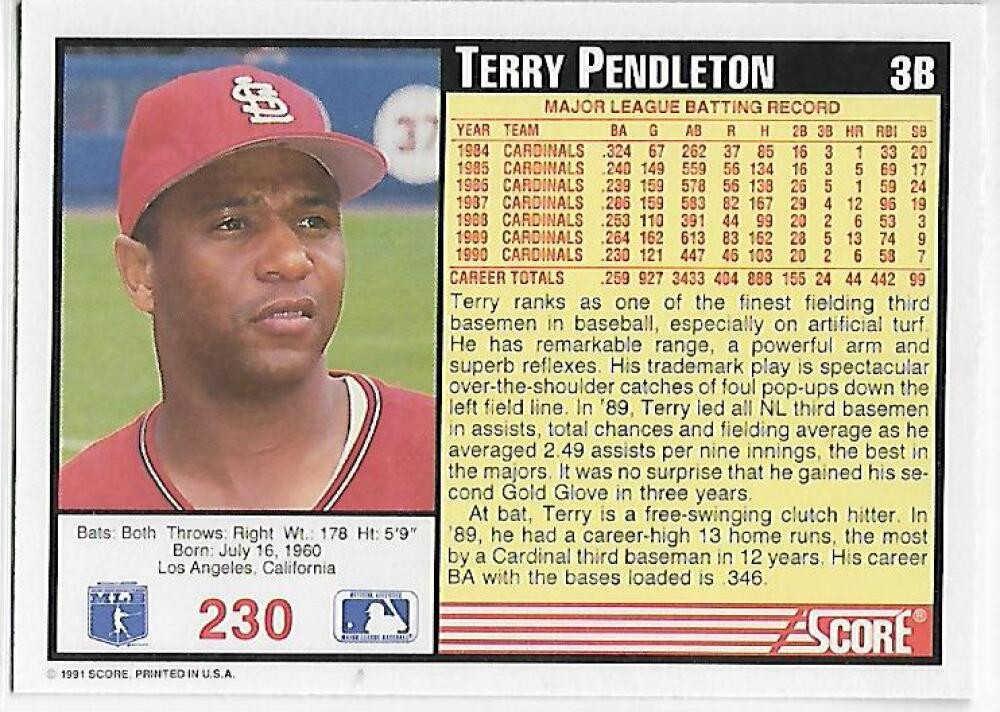 1991 Score #230 Terry Pendleton VG St. Louis Cardinals - Under the ...