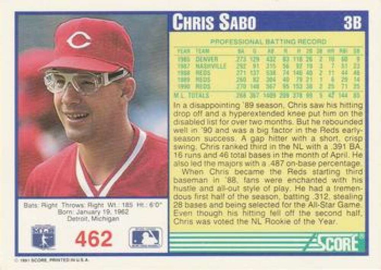 Chris Sabo - Reds #462 Score 1991 Baseball Trading Card