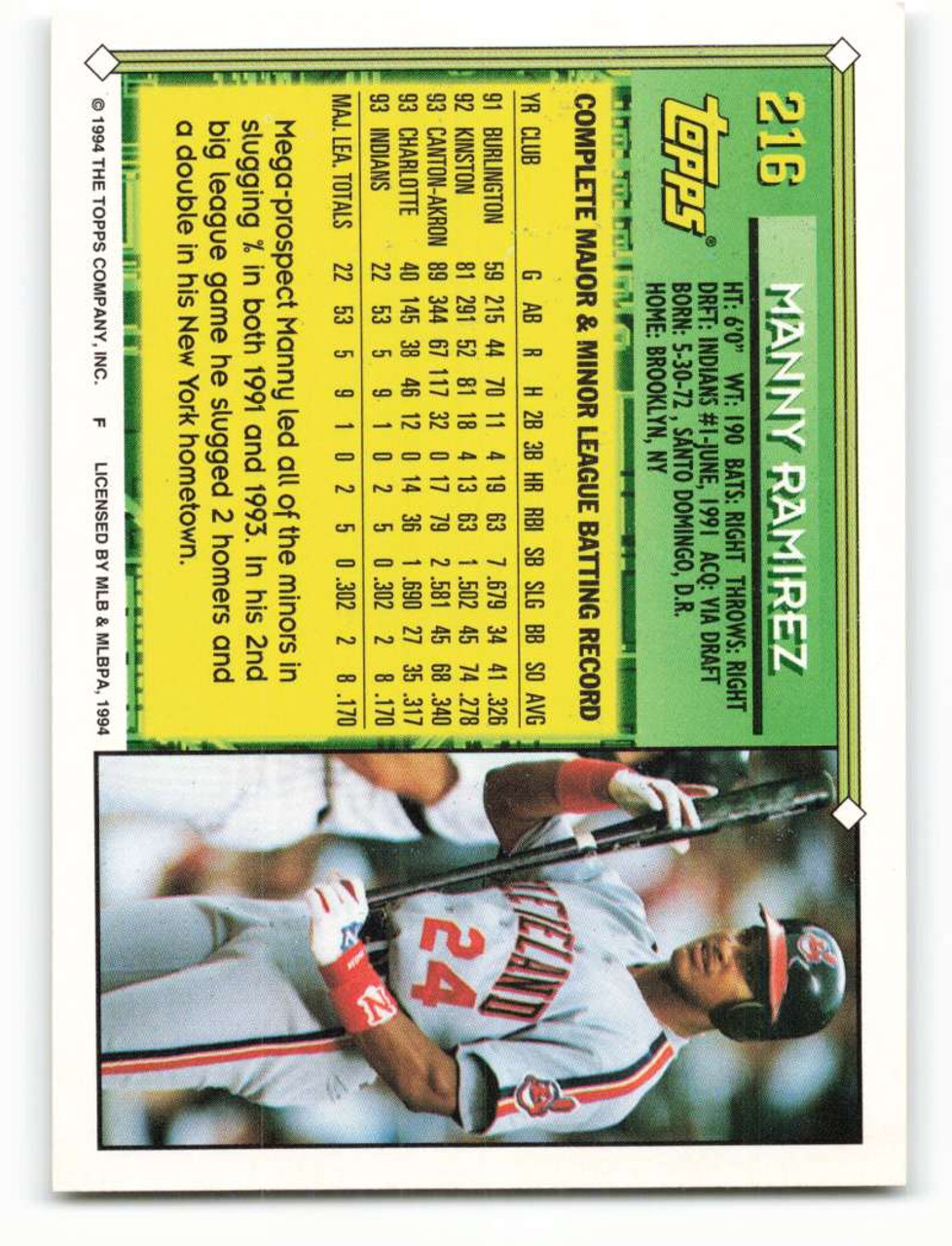 1994 Upper Deck #23 Manny Ramirez VG Cleveland Indians - Under the