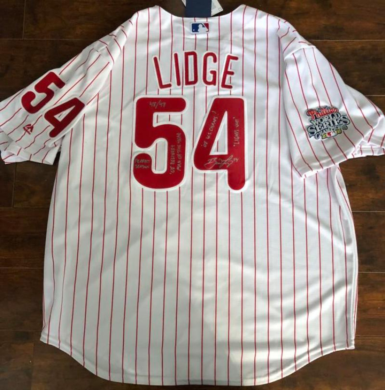 SOLD 7009 Brad Lidge Autographed Philadelphia Phillies Majestic Jersey 5  Inscriptions WOW