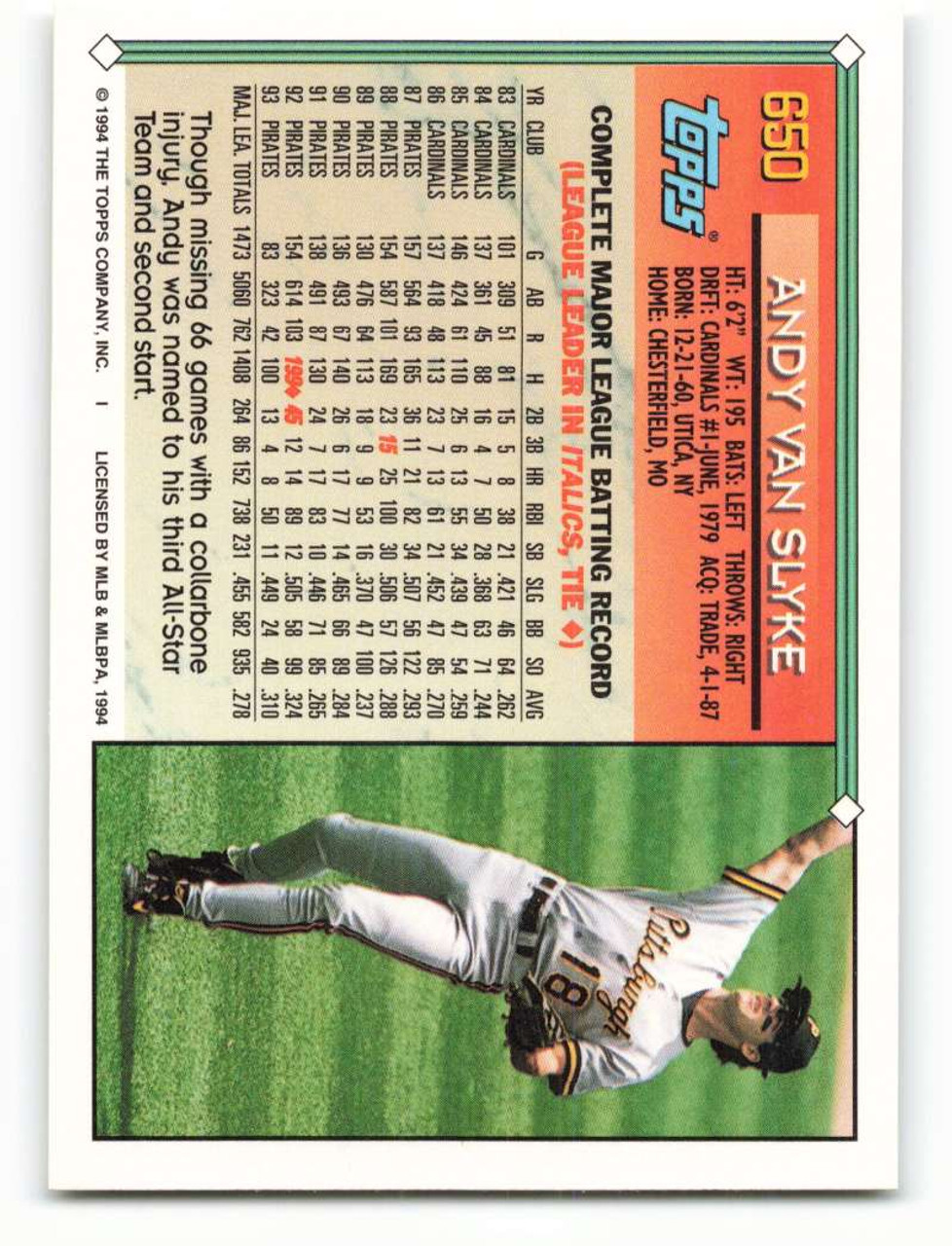  1990 Topps # 775 Andy Van Slyke Pittsburgh Pirates