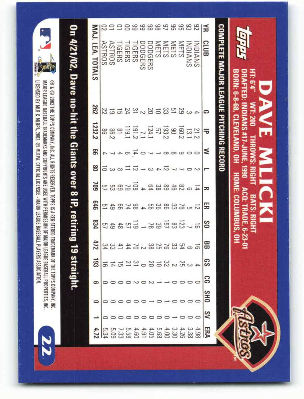 Dave Mlicki Houston Astros 2003 Topps Gold #22 Ser. #d /2003