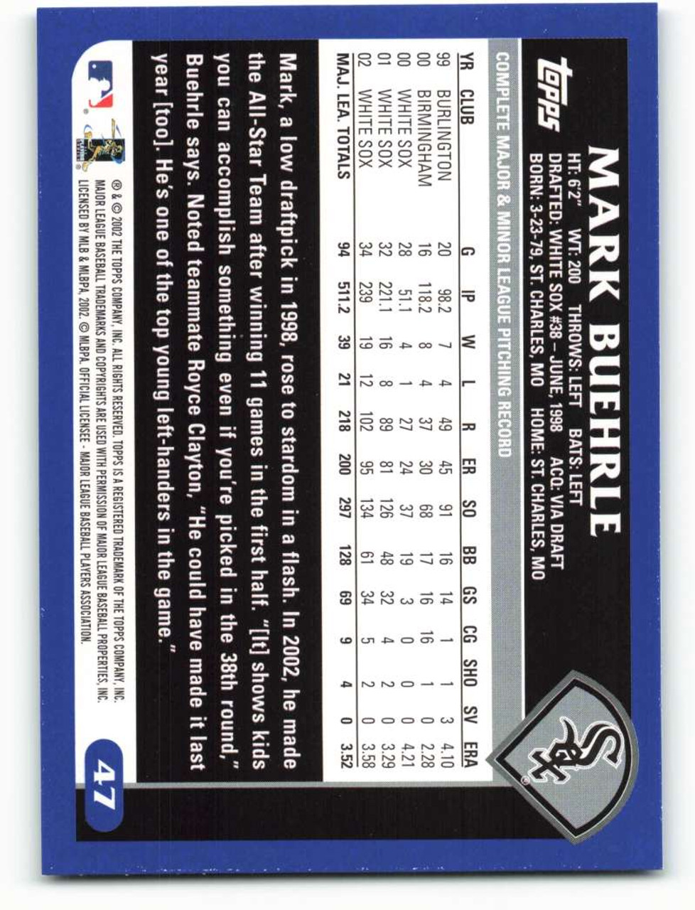 2003 Topps #47 Mark Buehrle VG Chicago White Sox - Under the Radar Sports