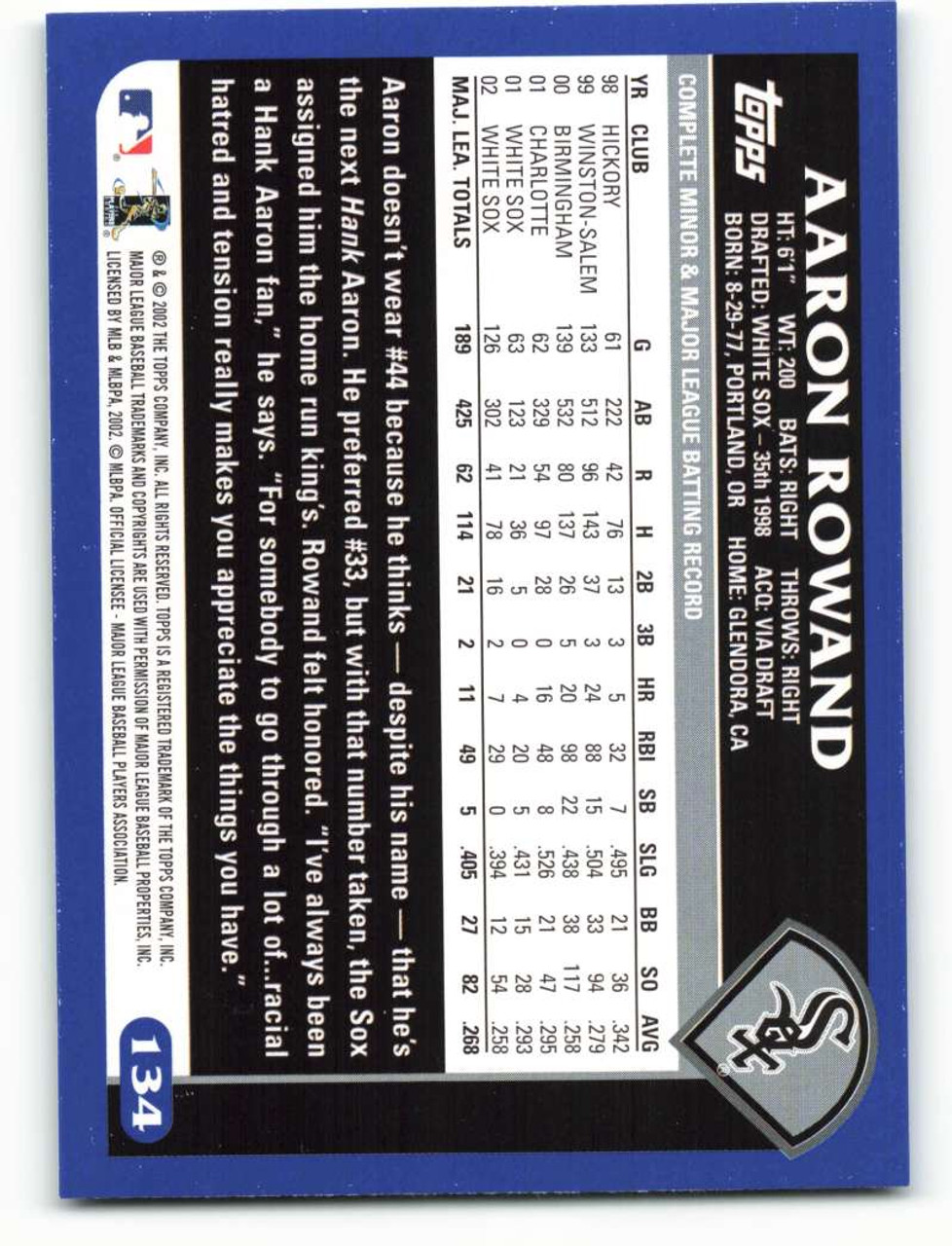 2003 Topps #134 Aaron Rowand VG Chicago White Sox