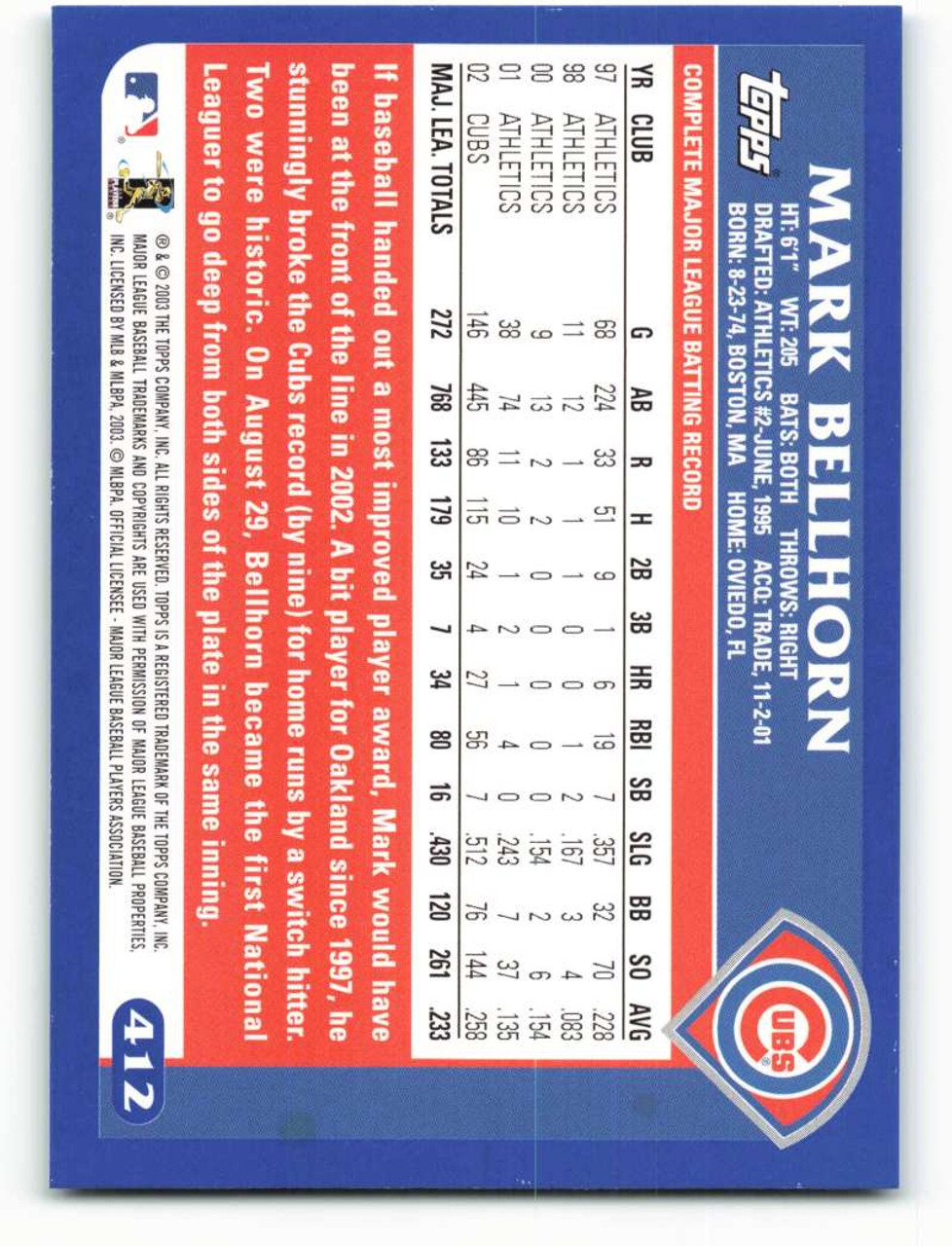 2003 Topps #412 Mark Bellhorn VG Chicago Cubs