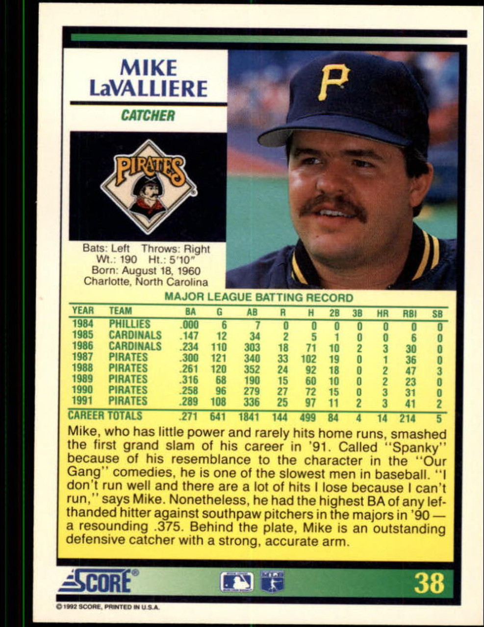 1992 Topps #312 MIKE LAVALLIERE Pittsburgh Pirates