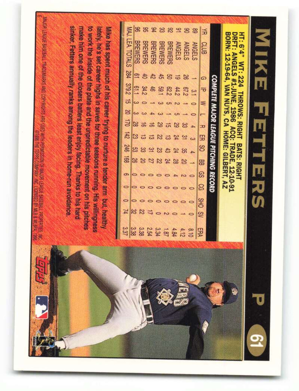 1996 Topps #142 Mike Fetters VG Milwaukee Brewers - Under the