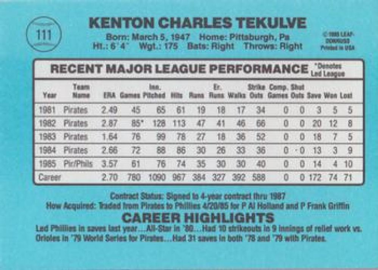 Autograph Warehouse 622200 Kent Tekulve Autographed Baseball Card - Philadelphia Phillies 1986 Donruss - No.111