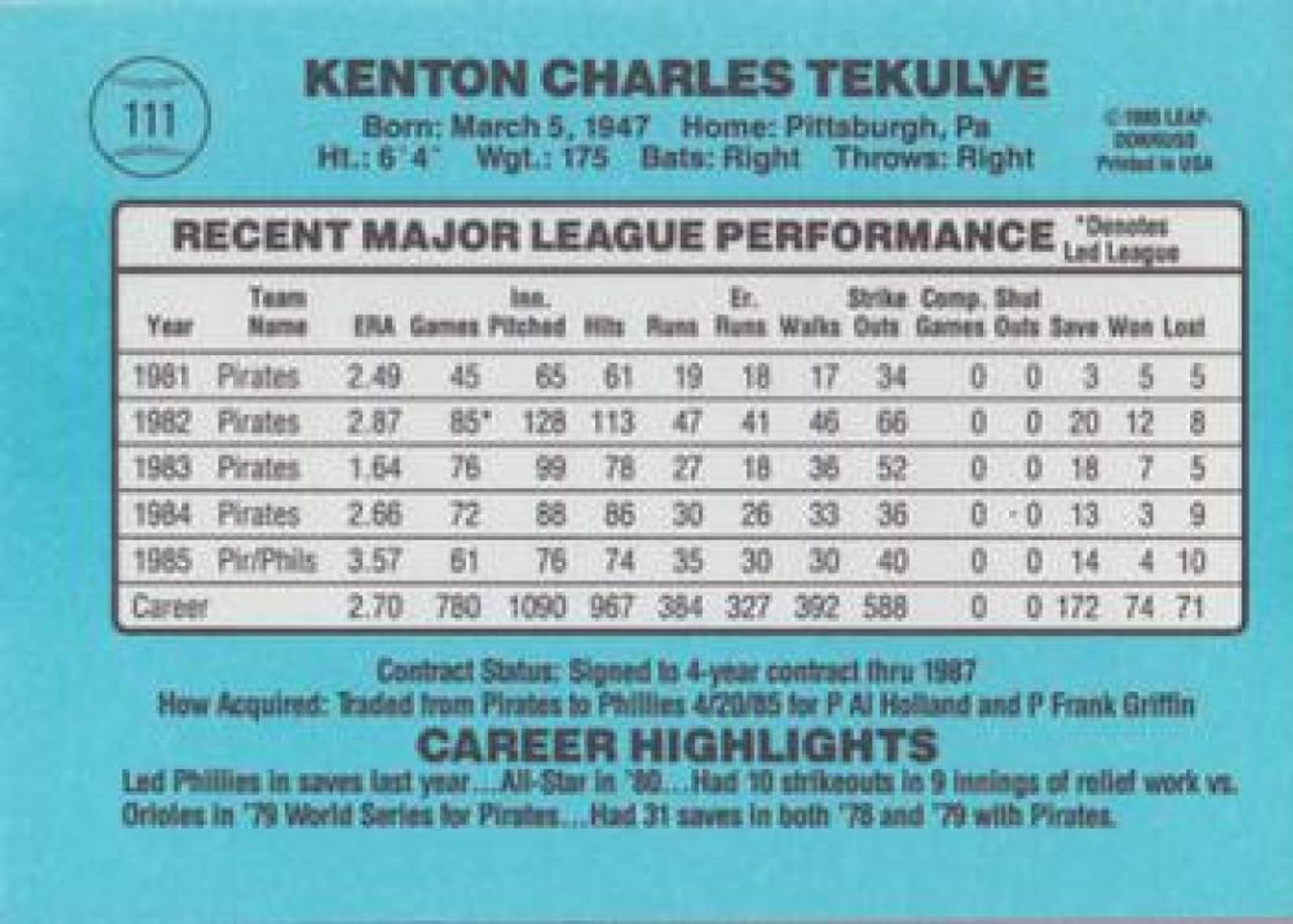 Kent Tekulve - Phillies #535 Donruss 1988 Baseball Trading Card