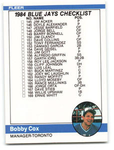 1984 Fleer #653 Checklist: Blue Jays/Cubs Bobby Cox VG Toronto Blue Jays/Chicago Cubs 