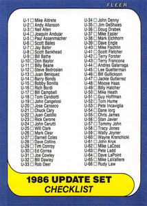 1986 Fleer Update #U-132 Checklist U-1-U-132 VG Checklist 