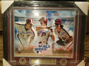 Steve Carlton, Mike Schmidt and Pete Rose Autographed Framed 16 x 20