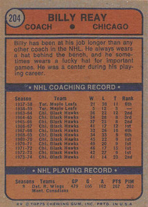 1974-75 Topps #204 Billy Reay CO VG  Chicago Blackhawks 