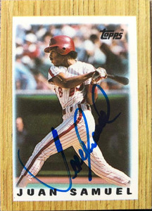 Juan Samuel Autographed 1987 Topps Major League Leaders Minis #29 Philadelphia Phillies Card