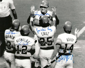 Terry Puhl Autographed Grand Slam Photo Signed by Phil Garner, Craig Reynolds, Jose Cruz and Alan Ashby
