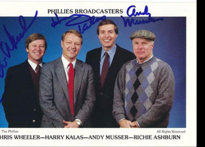 SOLD 3384 Harry Kalas, Andy Musser & Chris Wheeler Autographed 1984 Phillies Team Issued Postcard 