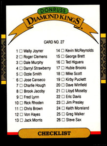 1987 Donruss #27 Diamond Kings Checklist 1-26 VG 