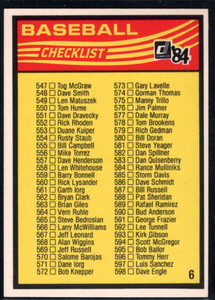 SOLD 33924 1984 Donruss #NNO6 Checklist 547-651 VG 