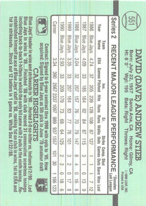1991 Donruss #551 Dave Stieb VG Toronto Blue Jays 