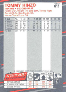 1988 Fleer #611 Tommy Hinzo VG RC Rookie Cleveland Indians 