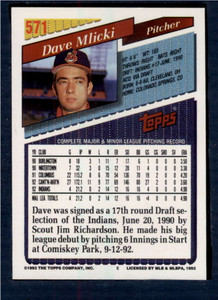 1993 Topps #571 Dave Mlicki VG Cleveland Indians 