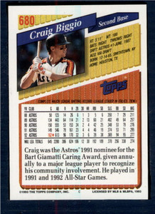 1993 Topps #680 Craig Biggio VG Houston Astros 