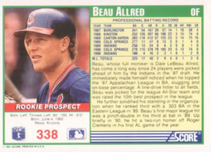 1991 Score #338 Beau Allred VG Cleveland Indians 