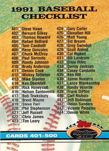 1991 Stadium Club #599 Checklist 401-500 VG Checklist 